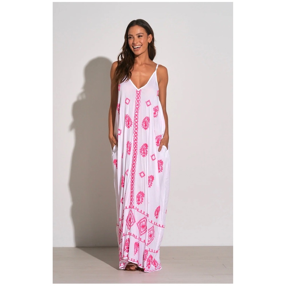 Elan White Pink Embroidered Paisley Sequin Maxi Dress XS RYE5060 Pockets Boho